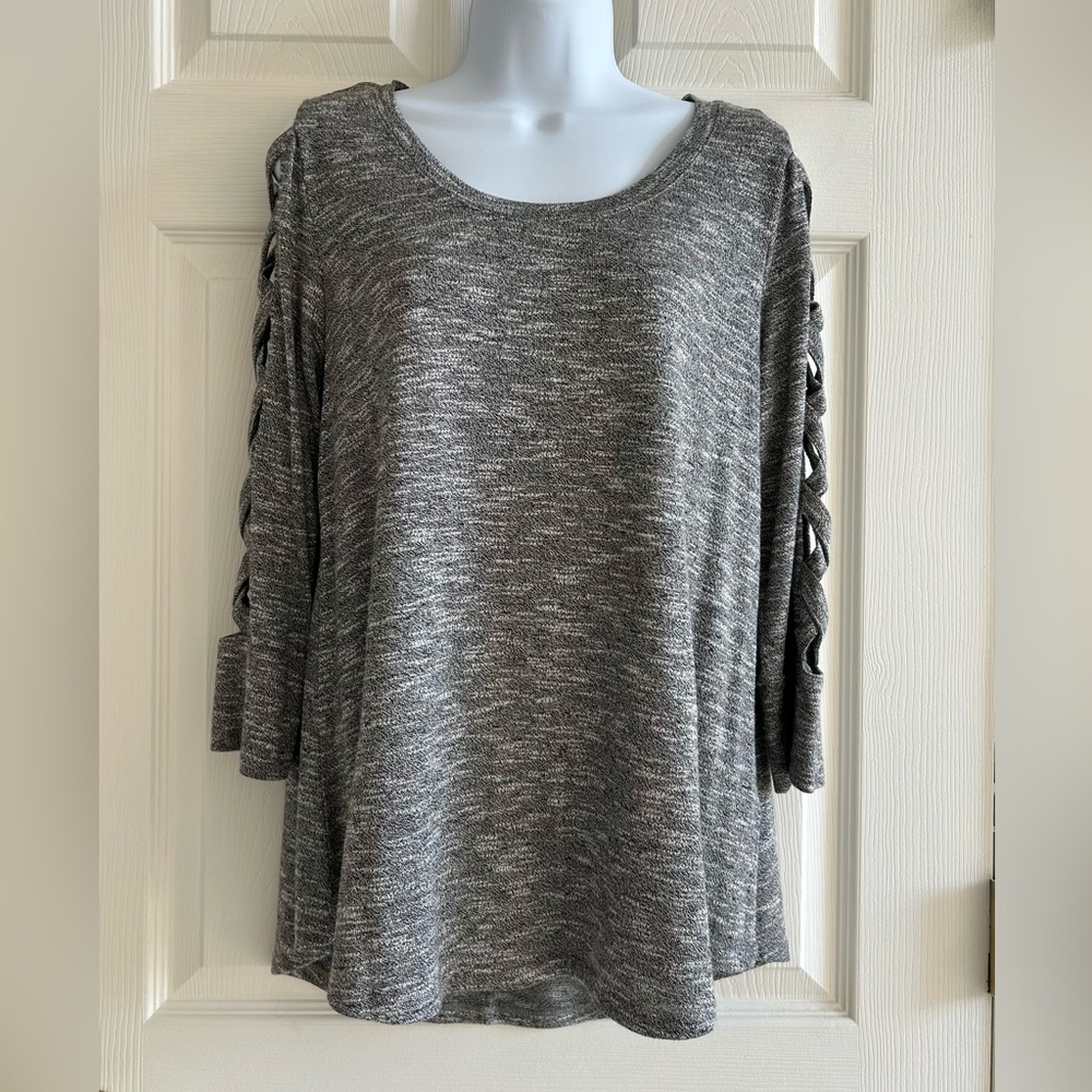 Jennifer Lopez Knit Charcoal Gray Blouse with Lattice Sleeves